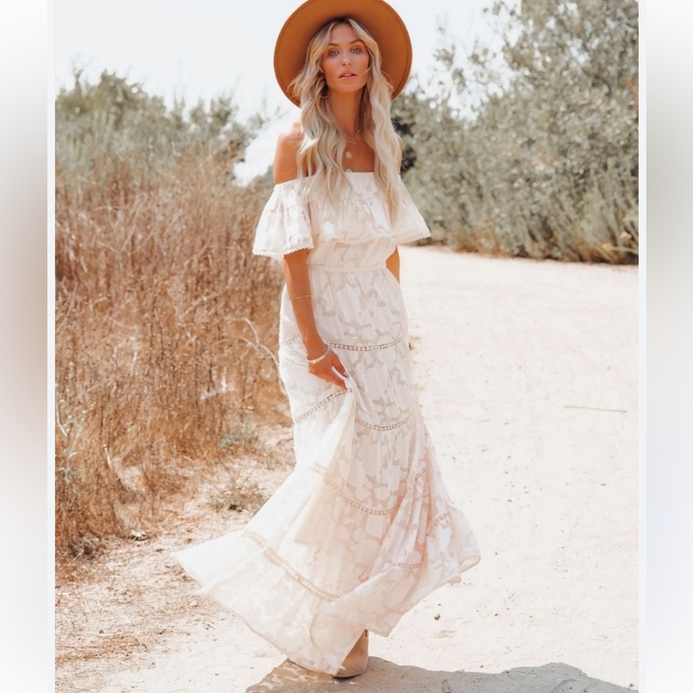 Vici lace crochet maxi dress with tiered skirt. Off the shoulder style off whit